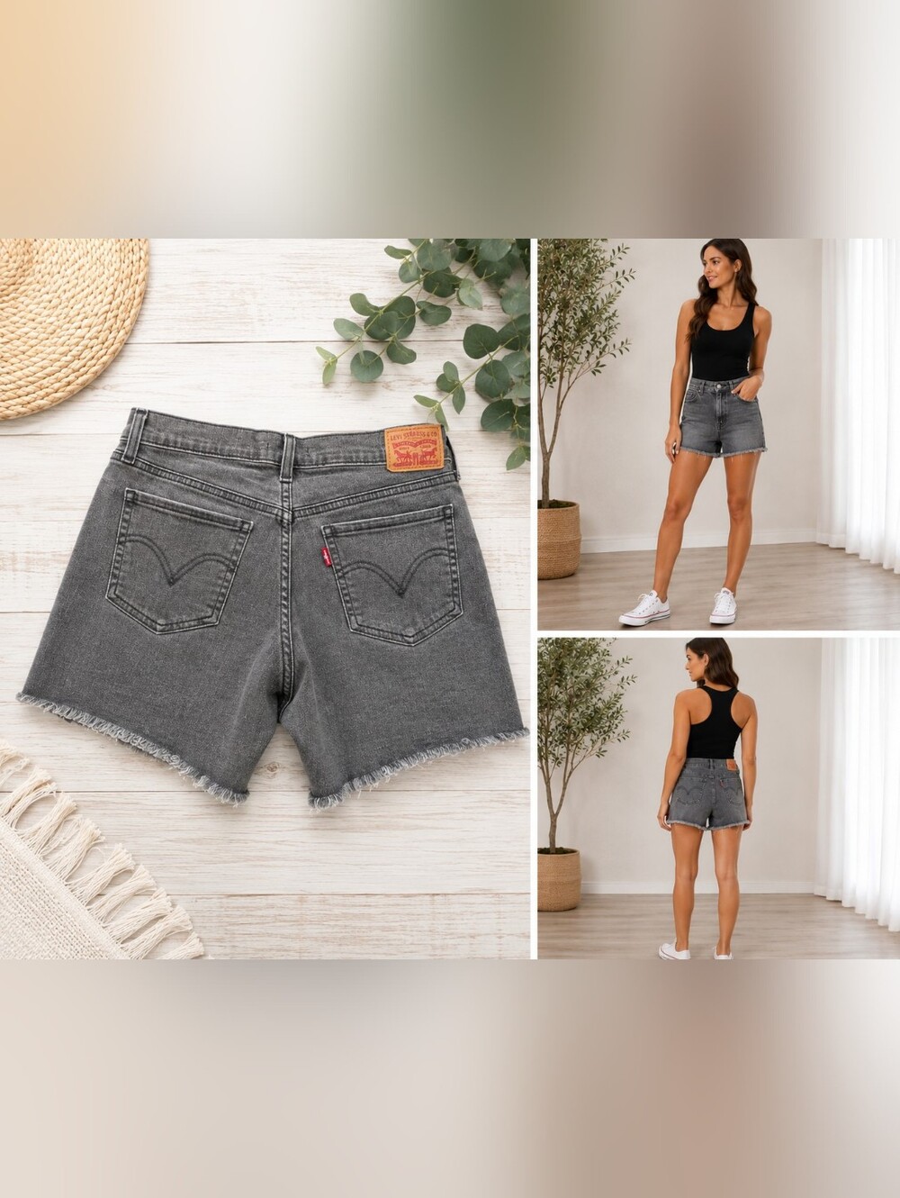 Levi's Women's Black Gray Wash Frayed Hem Denim Shorts Size 29 Stretch